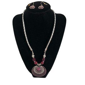 Necklace Earring Set Red Rhinestones Silver Tone Tribal Ethnic Bohemian